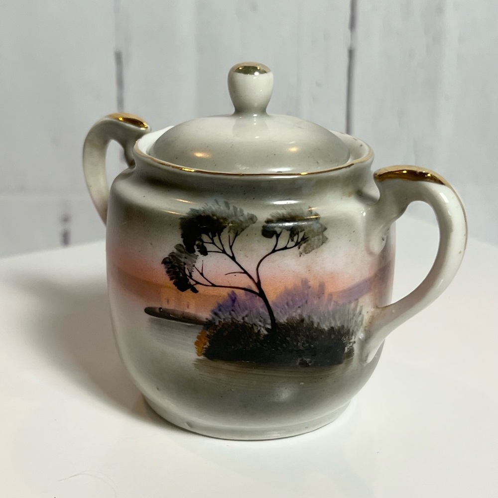 Vintage Japanese Lusterware Sugar Bowl Hand Painted Sunset Landscape Porcelain